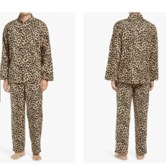 Nordstrom 100% Cotton Flannel Button Down Leopard Print PJ Set-  Tan Black - Sm - Picture 9 of 9